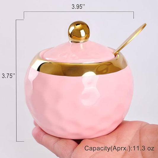 WHJY Ceramic Sugar Bowl with Lid and Spoon, Golf Design Porcelain Salt Bowl Salt Container, Modern Spice Box Seasoning Jar for Home and Kitchen Coffee Bar - Pink