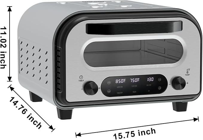 QERPRE Electric Pizza Oven Indoor 1700W Countertop Pizza Maker Fast Heating up to 850°F Touchscreen 6 Preset Modes Adjustable Timer & Temp Knobs Used for Commercial & Home Kitchen in Silver