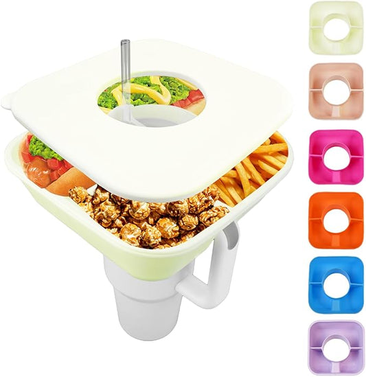 Snack Bowl for Stanley Cup 40 oz Tumbler, Reusable Snack Tray with Lid, Snacks Ring, Silicone Food Holder for Stanley Cup Accessories (Cream)
