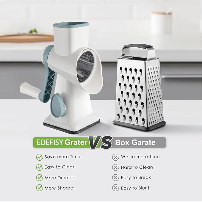 Cheese Grater Hand Crank Rotary Vegetables Shredder with Handle, 3-in-1 Graters with Interchangeable Blades and Non-slip Base Multifunctional Slicer for Kitchen