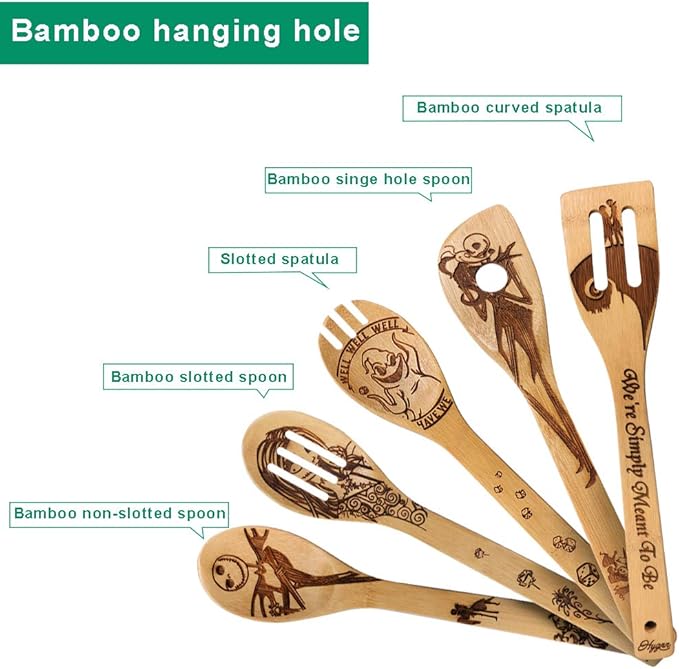 Halloween Idea Utensil Burned Wooden Spoons Set House Warming Wedding Present Slotted Spoon 5 Piece SpoonSet