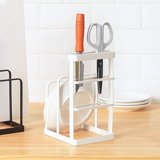 VANRA Metal Knife Block Without Knives, Multifunctional Knife Holder with 2 Layers Cutting Board Rack Dish Rack, Kitchen Storage Organizer,White