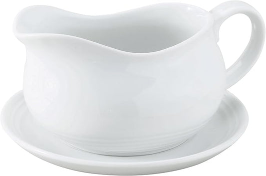 HIC Kitchen Hotel Gravy Boat With Saucer, Fine Porcelain, 24-Ounce Capacity For Gravy, Sauce, Au Jus, Dressing, Holiday Meals, And Entertaining