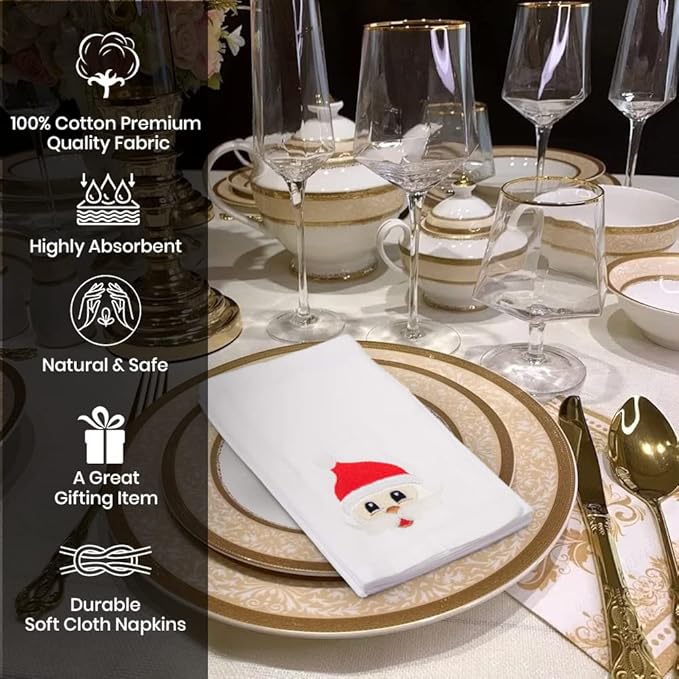 Christmas Cloth Napkins Dining Table Dinner Napkins|Washable Cotton Napkins Easter Basket Decor|Happy Santa Face Embroidered 18x18 in White Pk of 6 Cocktail Party Napkins