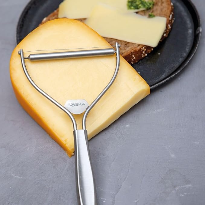Boska Cheese Slicer with Wire - Monaco For All Types of Cheese - Handheld Cheese Cutter - For Kitchen Cooking - Non-Stick Silver - 3 Replacement Wires - Dishawasher Safe