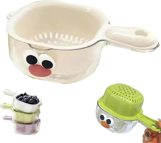 Kitchen Dual Layer Draining Basket with Handle,Double Drain Plastic Fruit Washing Bowl, Handy Mini Berry and Tomato Washer, Fruit Storage Container (White)