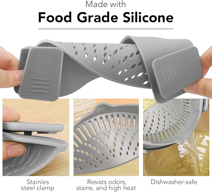 Clip‑On Pot Strainer Silicone Black Dishwasher‑Safe Side‑Mount Design 9.4×4.6×2.5 Inches | Snap Drain Colander for Pans Bowls Skillets | Heat‑Resistant Kitchen Gadget Splash‑Guard