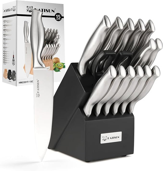 Kitchen Knife Set, 15 Pieces Knife Set with Block, Knives Set for Kitchen, Silver Hollow Ergonomic Handle for Chef Knife Set, Kitchen Shears,Black Knife Block Set, HM2201T-15B