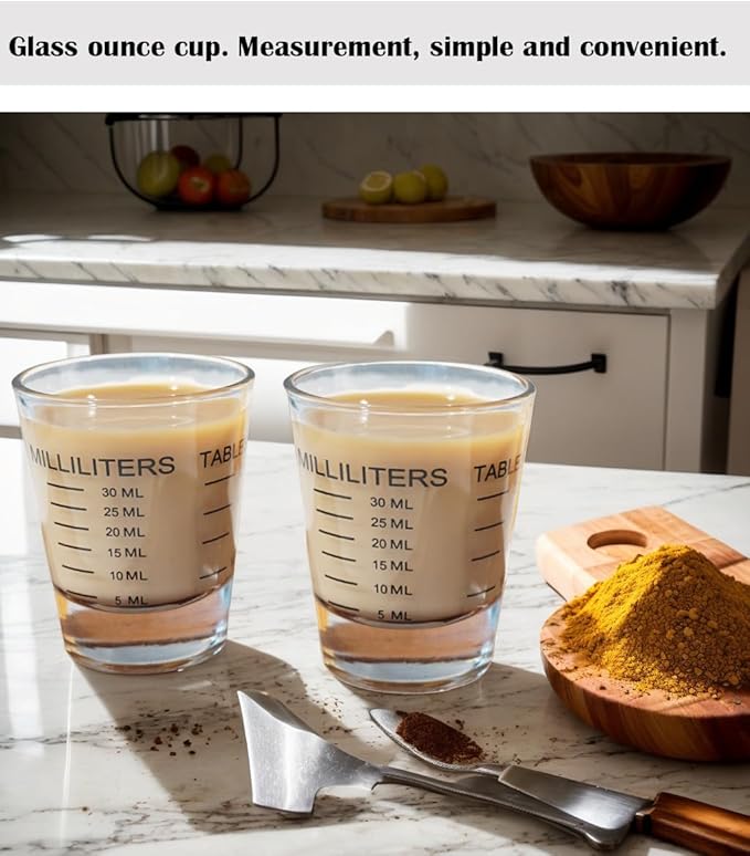 2 Pack Shot Glasses Measuring Cup 1 Ounce/30ml, Espresso Shot Glass Liquid Heavy Wine Glass with 4 Kind of Scale (Ounce/ML/TSP/TBSP) Kitchen Tool