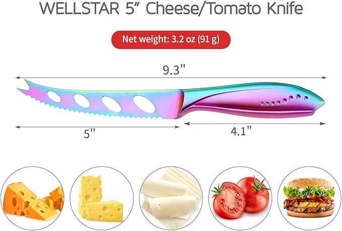 WELLSTAR Cheese Knife, Serrated Tomato Knife 5 Inch Sharp High Carbon Stainless Steel Blade for Cutting All Cheese Types - Rainbow