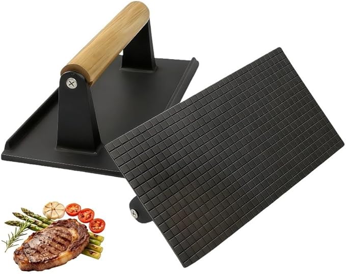 Cast Iron Grill & Bacon Press, Family-Sized Rectangle Smash Burger Press with Wood Handle, 2.4LB Heavy Duty Weight for Indoor/Outdoor Cooking, Creates Perfect Grill Marks Every Time