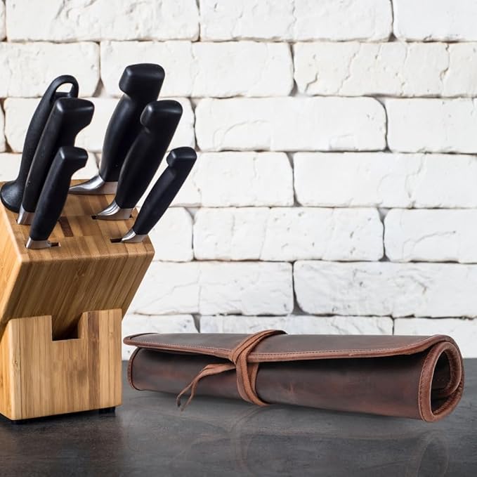 Autentico Genuine Buffalo Leather Small Knife Case Holder Chef's Knife Roll Holder Cutlery Sheath Carrying Case Organizer Storage Bag Travel Friendly Artist Gift for Men & Women Teak