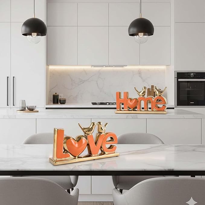 Love Sign Decor,Gold Room Decor Aesthetic, Knick Knack Shelf,Bird Decor, Boho Bookshelf,Abstract Statue,for Living Room,Bedroom, Contemporary Tv Stand Set of 2 (2, Gold Orange)