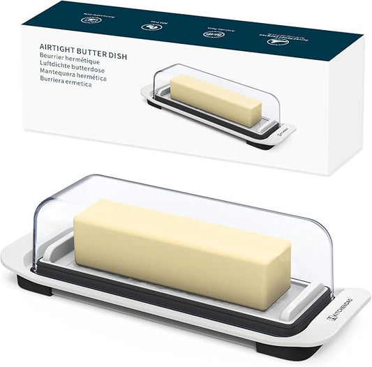 KITCHENDAO Airtight Butter Dish with Lid for Countertop and Refrigerator Door Shelf, Butter Keeper, Plastic Butter Holder Tray Container for West/East Coast Butter, White