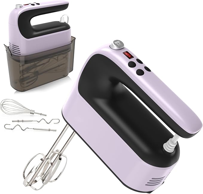 Yomelo 9-Speed Digital Hand Mixer Electric, 400W Powerful DC Motor, Hand Mixer Electric Handheld with Snap-On Storage Case, 5 Stainless Steel Accessories, Beaters, Dough Hooks, Whisk(Purple/Black)