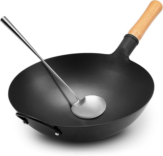 WANGYUANJI Iron Wok, 14.17 inch Traditional Round-Bottom Wok, Chef’s Professional Stir-Fry Pan with Wooden Handle, Chemical-Free Iron Wok for Gas Stoves and Round-Bottom Induction Stovetop