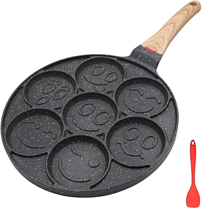 Pancake Pan Induction, Smiley Face Pancake Frying Pan Non Stick, 7 Holes Mini Pancake Maker for Kids 10.4 in - Black