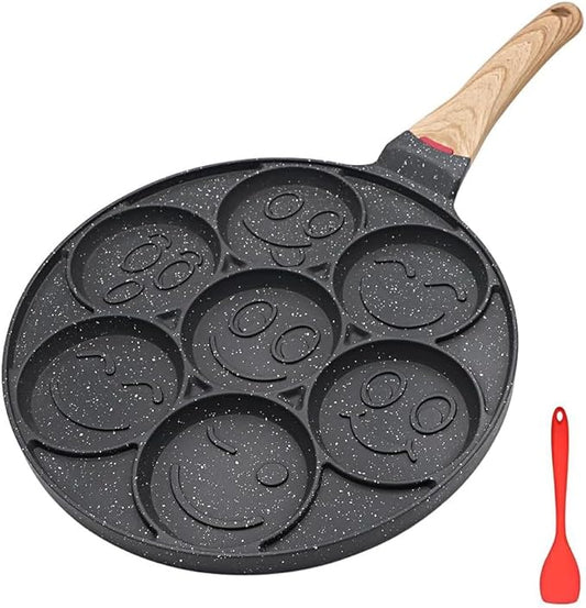Pancake Pan Induction, Smiley Face Pancake Frying Pan Non Stick, 7 Holes Mini Pancake Maker for Kids 10.4 in - Black