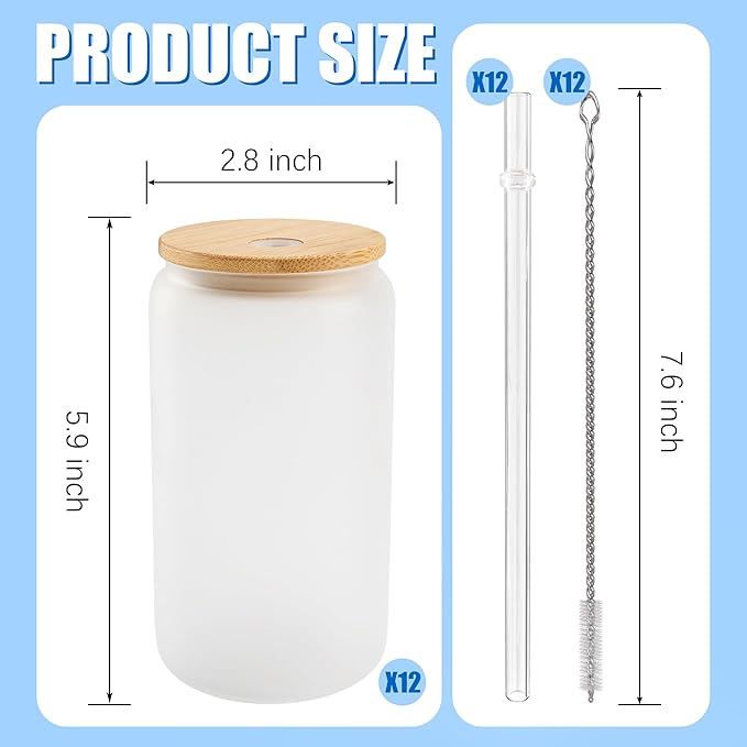 Joyclub 12 Pack Sublimation Blanks Bulk Frosted Glass Cups with Lids and Straws 16oz, Sublimation Glass Tumbler Blanks Beer Can Shaped Mugs for Iced Coffee Smoothie Soda Boba Tea Cocktail DIY Gift