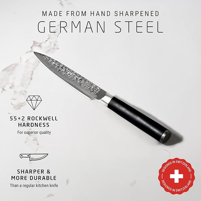 Swiss Diamond Utility Knife, German Steel With ABS Handle, Half Tang Handle, Hammered Blade Chef Knives Professional Grade, 55+2 Rockwell Hardness, 5 Inch