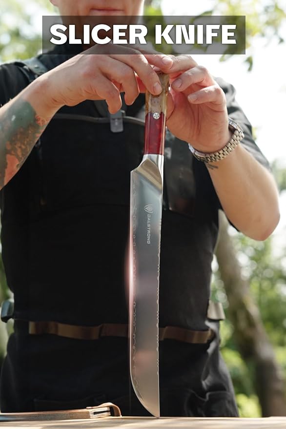 Dalstrong Slicing Knife - 12 Inch Slicer - Valhalla Series - 9CR18MOV HC Steel - Red Resin & Wood Handle - Razor Sharp - Carving, BBQ, Brisket - With Leather