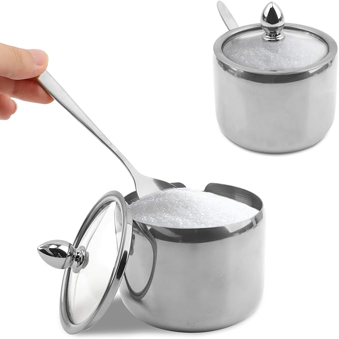 10oz Sugar Bowl with Lid and Spoon, Durable Sugar Pot for Coffee Bar Accessories, Stainless Steel Holder Jar for Salt, Tea, Candy, Home and Kitchen Storage(Silver)