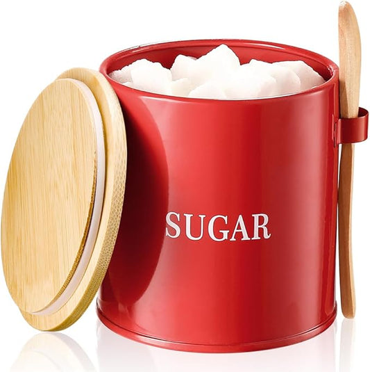 AISBUGUR Sugar Bowl with Lid and Spoon: 17oz Metal Sugar Container - Airtight Food Sugar Jar - Coffee Bar Accessories - Countertop Kitchen Decor (Red)