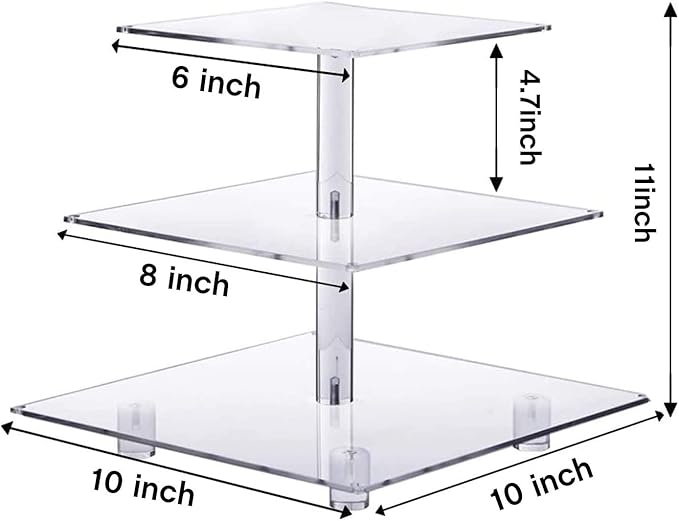 YestBuy 3 Tier Clear Square Cupcake Stand - Premium Cupcake Holder - Acrylic Cupcake Tower Display - Cady Bar Party Décor + LED Light String - Ideal for Weddings, Birthday Parties (Yellow Light)