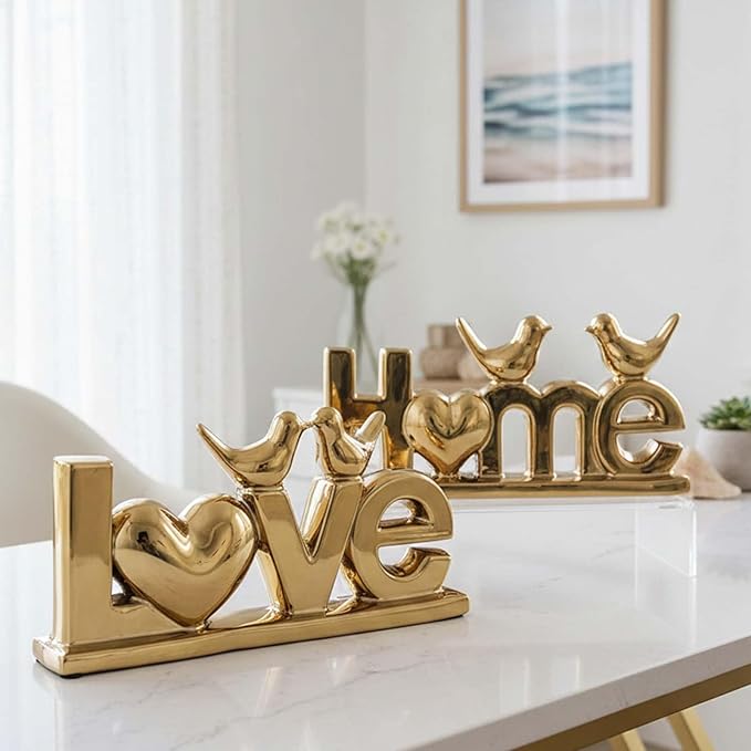 Love Sign Decor,Gold Room Decor Aesthetic, Knick Knack Shelf,Bird Decor, Boho Bookshelf,Abstract Statue,for Living Room,Bedroom, Contemporary Tv Stand Set of 2 (2, Gold Plated)