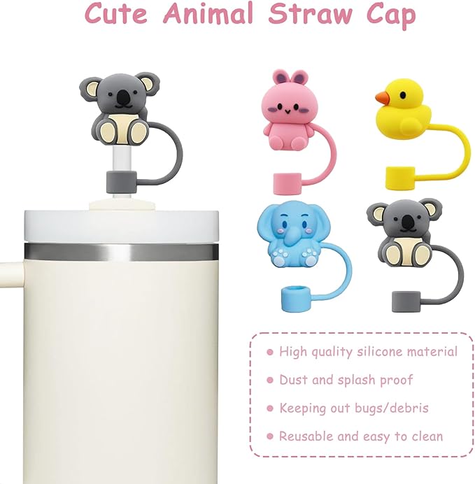 4 Pcs 0.4in Straw Cover for Stanley Cup, Silicone Straw Topper Set for 30&40oz Stanley Tumble, Fit for 10mm/0.4in Straws (Animal)