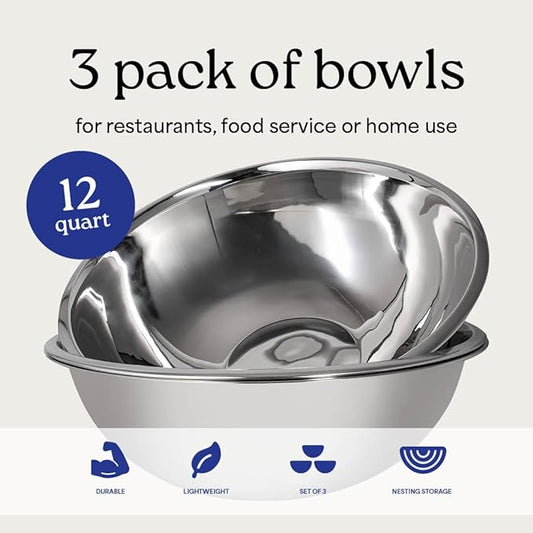 WHYSKO® Large Mixing Bowls, Set of 3 Stainless Steel 12 Quart Bowls for Restaurants, Food Service, Caterers and Home Kitchen Use, Rust Proof Bowls Great for Meal Prep, Baking, Serving, Food Storage