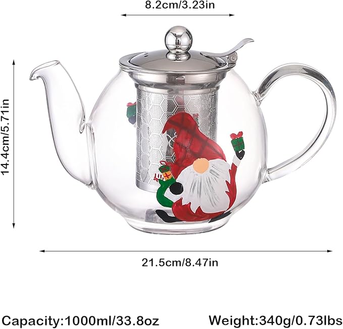 1000ml/35oz Hand Painted Pattern Glass Teapot For Stovetop,Tea Pot For Loose Tea,Glass Tea Kettle With Infuser (Red Hat Santa)
