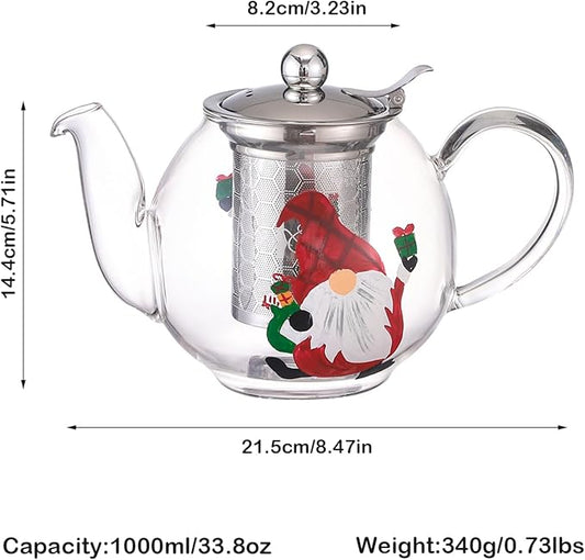 1000ml/35oz Hand Painted Pattern Glass Teapot For Stovetop,Tea Pot For Loose Tea,Glass Tea Kettle With Infuser (Red Hat Santa)