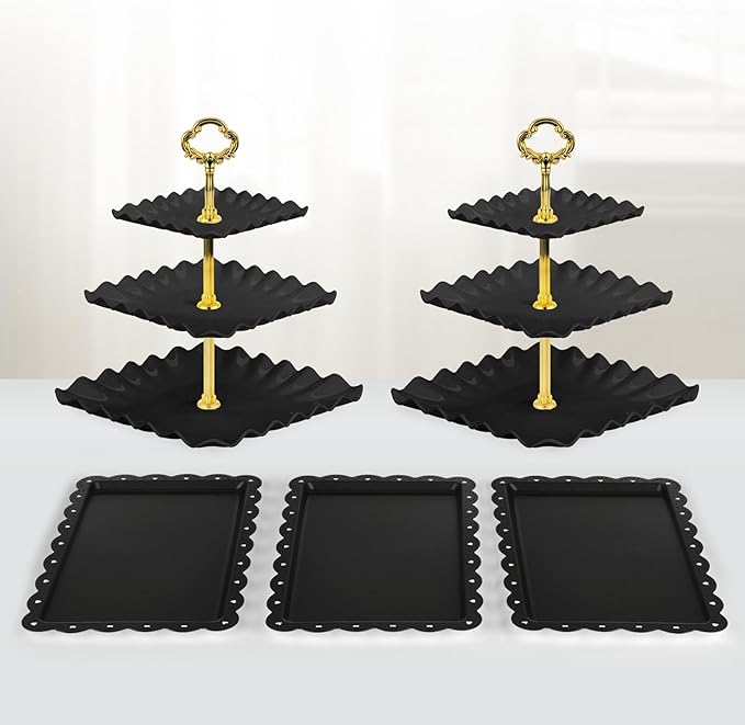 NWK 5 Piece Cake Stand Set with 2 x Large 3-Tier Cupcake Stands, 3 x Appetizer Trays, for Wedding Birthday Baby Shower Tea Party Decorations (Black)