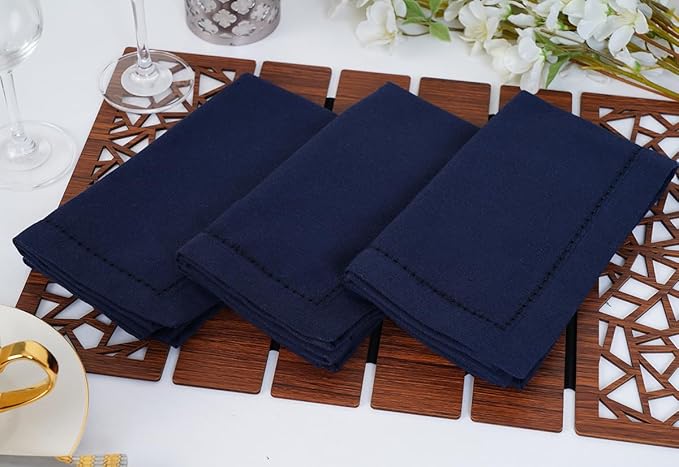 Blue Needles Set of 6 Hemstitch Linen Napkins 100% Cotton Navy Blue Cloth Dinner Napkins 18x18 inches, Soft, Reusable, Absorbent, Washable, Ideal for Wedding Events, Parties & Everyday Use