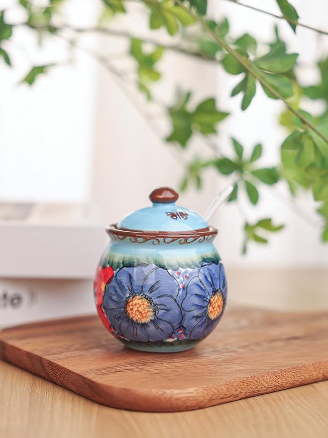 silesia Handmade Sugar Bowl with Lid and Spoon, 8 oz Hand-Painted Ceramic Sugar Jar, Floral Design Seasoning Container for sugar, honey, or spices, Dishwasher Safe (Glazed Blue)
