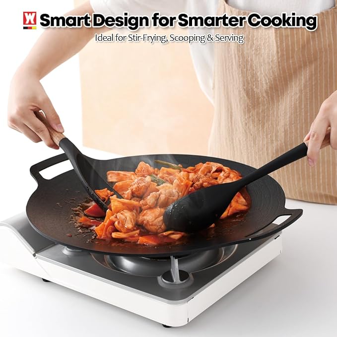 Silicone Cooking & Serving Spoon: Multi-Purpose Cooking Tool for Basting Serving Scooping Scraping Mixing Basting, Non-stick Cookware Safe, Wooden Handle Design