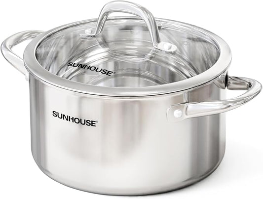 Sunhouse Professional 10-Quart Whole-Clad Multi-Ply Stainless Steel Stock Pot with Lid - Premium 18/10 Whole Body Clad Stock Pot - Induction Ready, Oven Safe Dishwasher Safe Cooking Pot