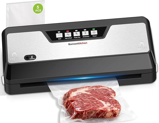 Bonsenkitchen Vacuum Sealer Machine, Built-in Cutter | Bag Storage, Multifunctional Food Sealer for Sous Vide & Meal Prep, 1 Roll Bag & 5 Pre-Cut Bags, Black-Stainless Steel