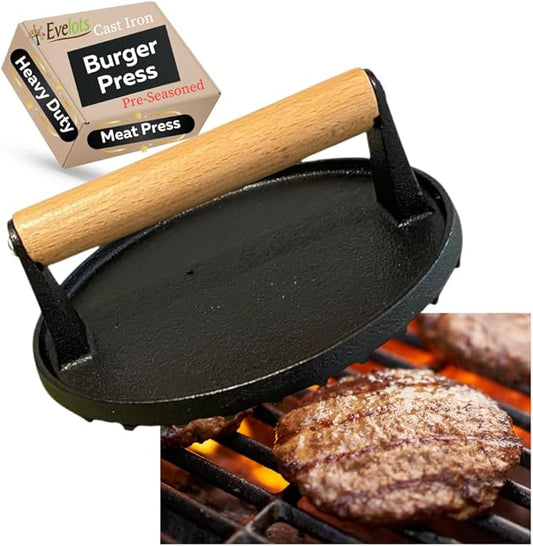 Evelots Cast Iron Burger Press - Heavy Duty Pre-Seasoned Burger Smasher for Grill - Weighted Press for Meat, Grilled Cheese, Panini - Cook Evenly & Faster - Round Wood Handle