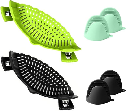 2 Sets of Clip on Strainer Silicone Glove | Versatile for All Pans and Pots,Noodle Pasta Pot Strainer Silicone Colander for Vegetables Meat Fruit Spaghetti,Food Strainers(Green,Black)