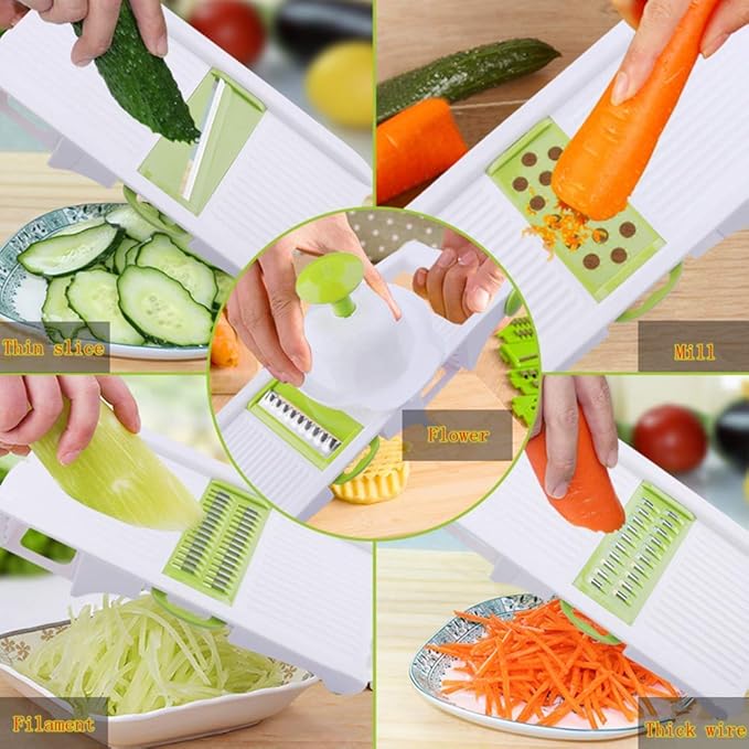 Mandoline slicer,mini food processor, Potato cutter shred and spiral cutter 5 stainless steel blade vegetable peeler slicer for fruit tomato onion (green)