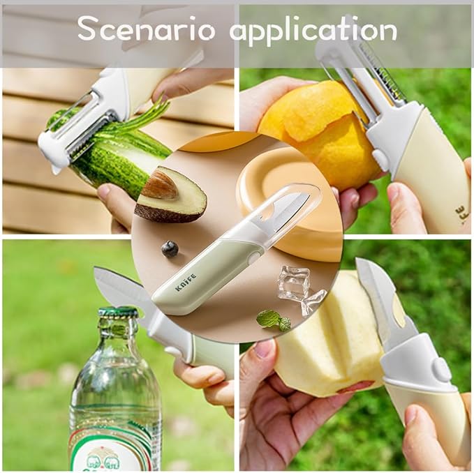 Peeler and Fruit Knife 5-in-1, Portable for Home, Dorm, and Office Use, Foldable with Bottle Opener.