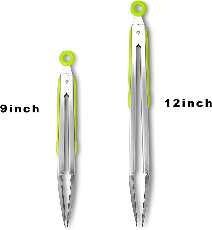Premium 304 Stainless Steel Tongs Set – 12" Grill Tongs & 9" Cooking Tongs, Heat Resistant up to 600°F, Wavy Grip Head, Non‑Slip Handle with Locking Clip & Hanging Loop, Dishwasher Safe, Green