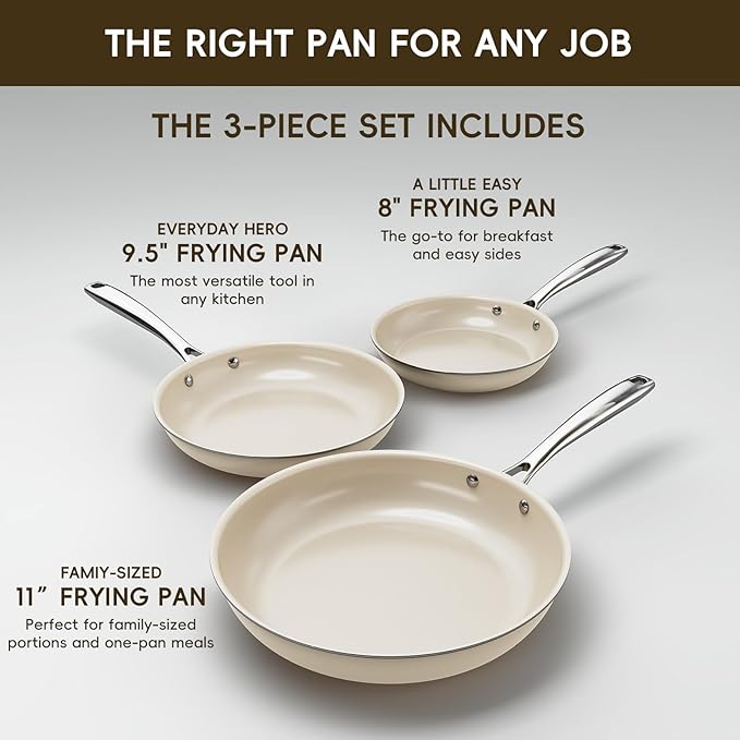 OUBRL Ceramic Nonstick Frying Pans Set, Fry Pan Skillet, Non Toxic Pans for Cooking, Egg Pans，Induction Suitable，PFAS-Free Cookware, Dishwasher Safe, Oven Safe (Cream White, 8''+9.5''+11")