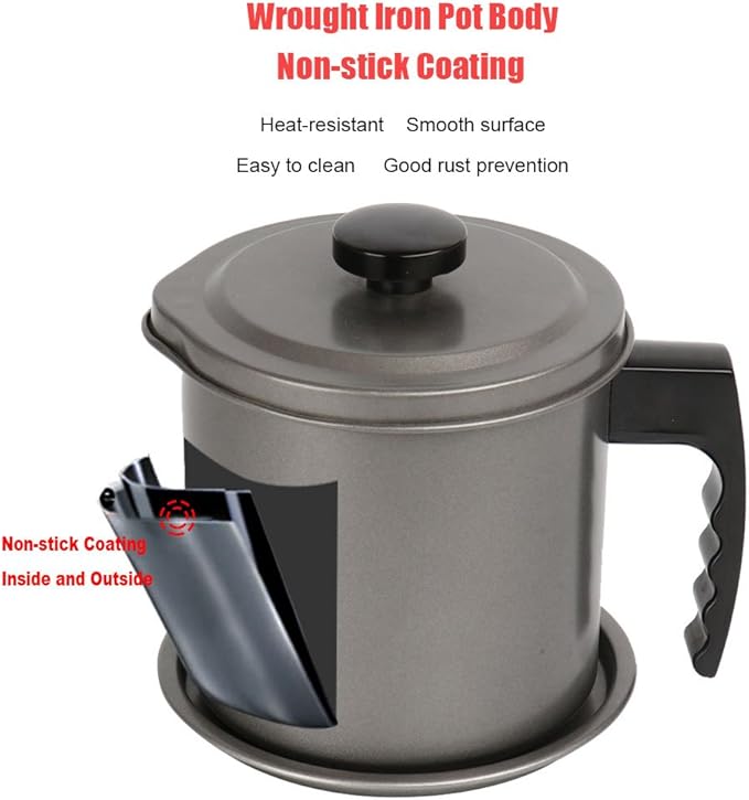 Cambom Bacon Grease Container with Fine Mesh Strainer, 1.3 L almost 6 Full Cups Iron Cooking Oil Can with Removable a Coaster Tray for Kitchen Fat Storage Grey