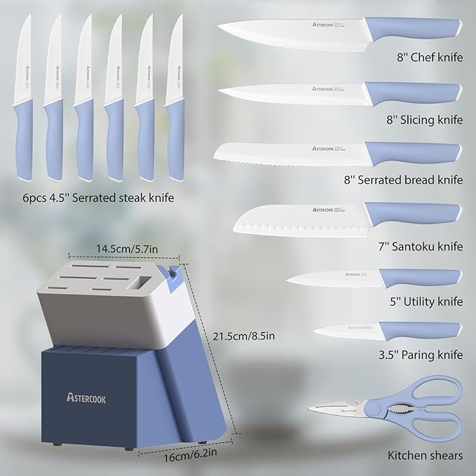 Astercook Kitchen Knife Set with Block and Sharpener 15 Piece Ceramic Coating German High Carbon Stainless Steel Knives Sharp Blade Dishwasher Safe Deba Knives with Ergonomic Handle, Delicate Blue