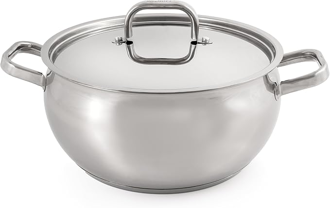 BergHOFF Belly Shape 18/10 Stainless Steel 9.5 inches Stockpot 5.5qt., Metal Lids, Fast, Evenly Heat, Induction Cooktop Ready