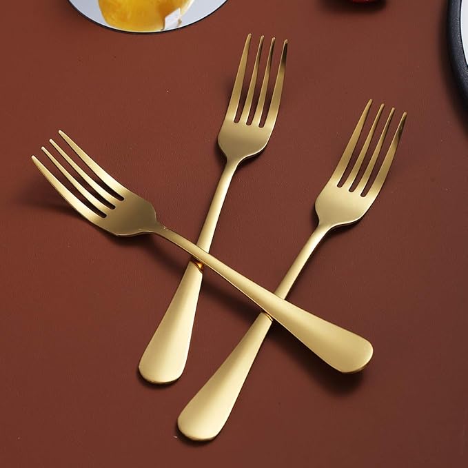 Gold Dinner Forks of 4, Berglander 7.9" Stainless Steel Titanium Shiny Gold Plating Fork Set, Forks And Spoons Silverware, Golden Table Forks Set Sturdy And Dishwasher Safe