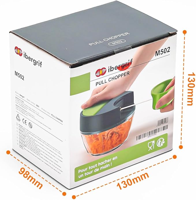 Ibergrif M502 Manual Onion Cutter, Multifunctional Onion Chopper, Multi Chopper with Filling Opening, BPA-Free, Easy Pull Chopper Manual for Vegetables, Meat, Nuts